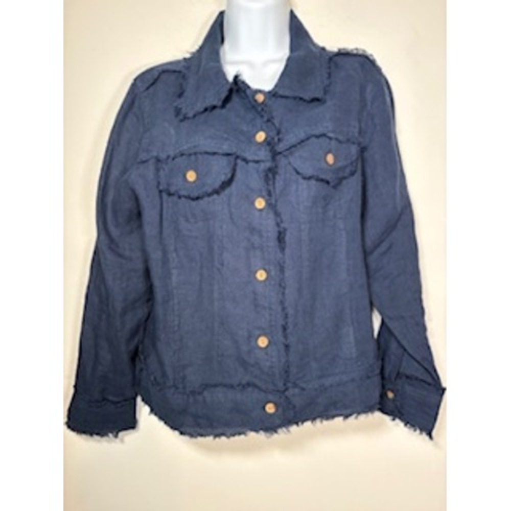 CROWN LINEN DESIGNS Jacket S Navy Blue Fringed Raw Hem Linen Shacket Coastal